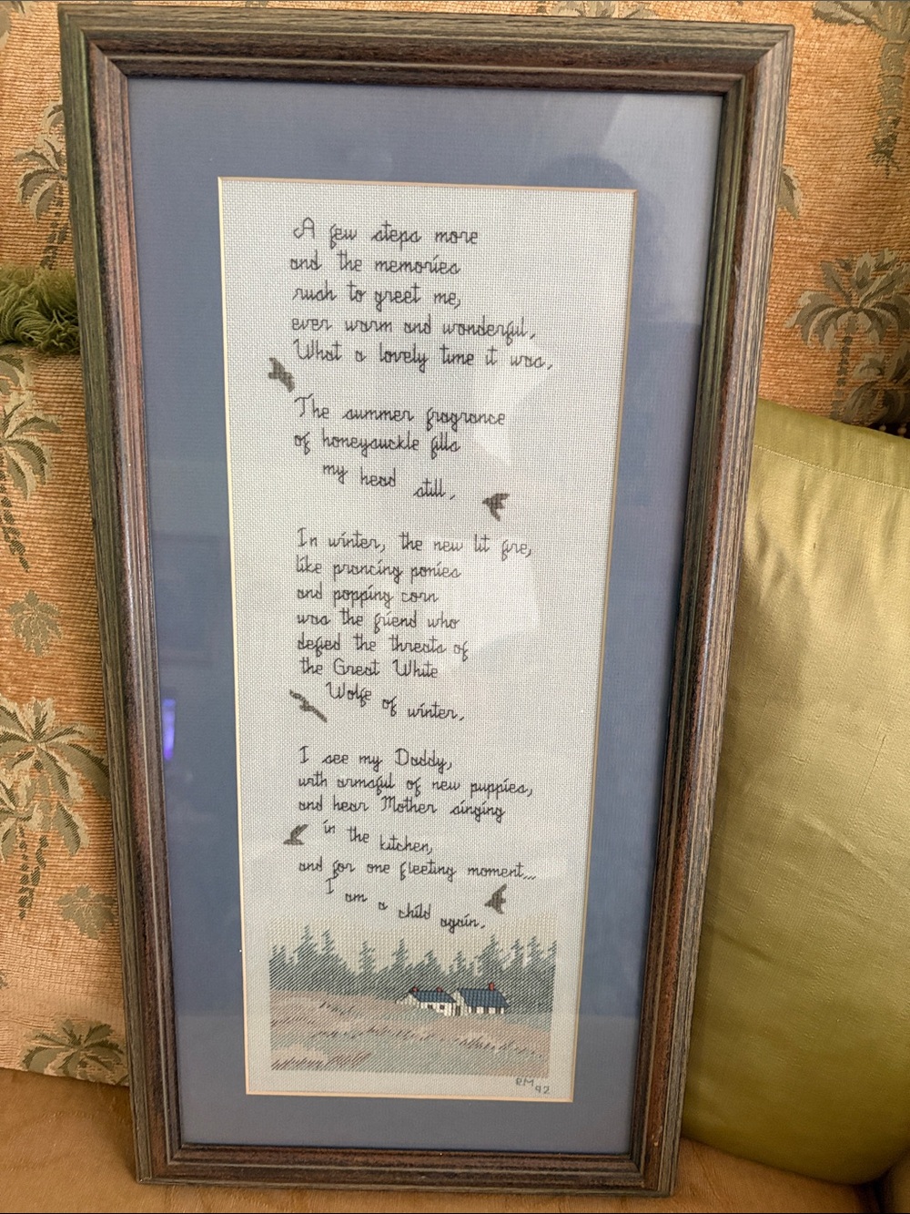 Framed Needlepoint Hand Cross Stitched 1992. I Am A Child Again Nostalgic Poem
